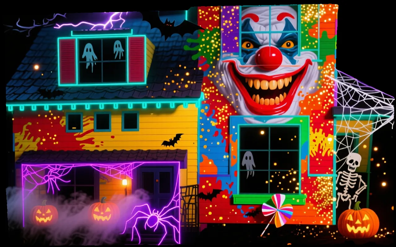 Carnival Clown House — AI projection-mapping facade art generated in FacadeLab