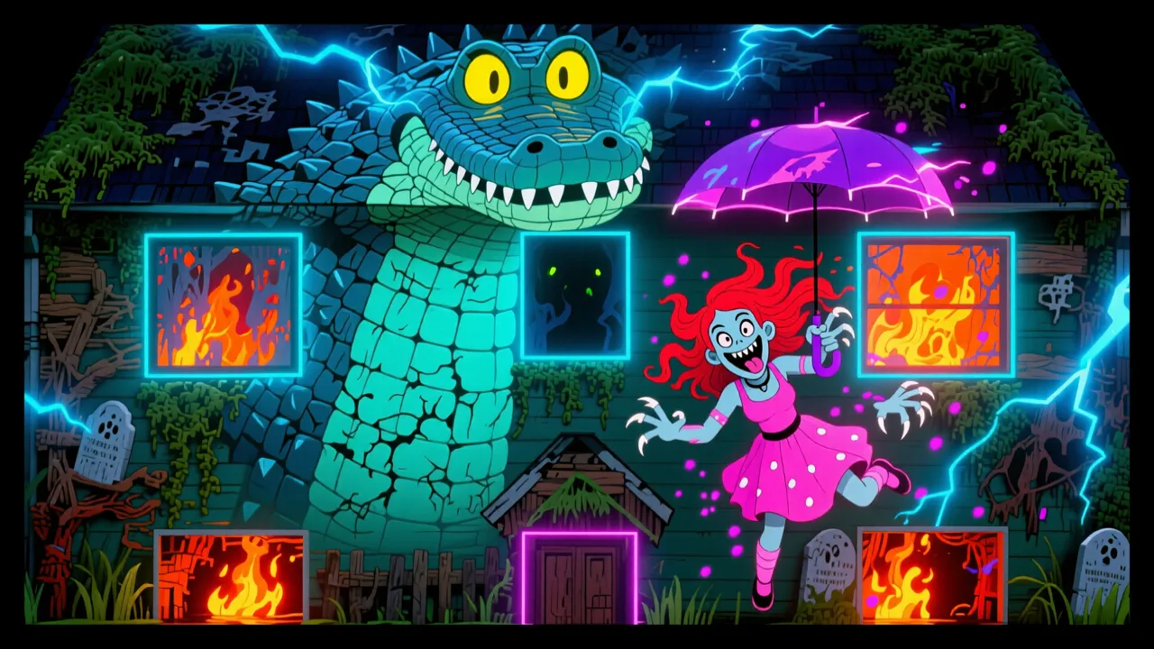 Bayou Gator Shack — AI projection-mapping facade art generated in FacadeLab
