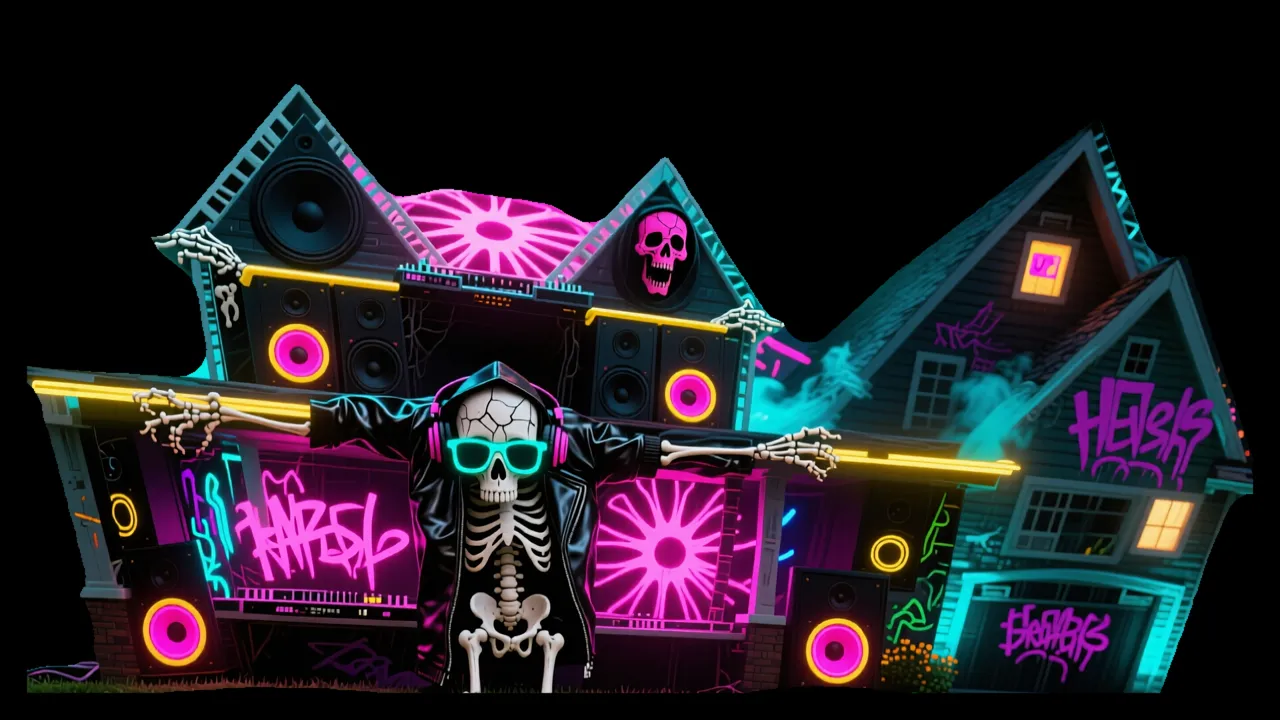 Skeleton DJ Rave — AI projection-mapping facade art generated in FacadeLab